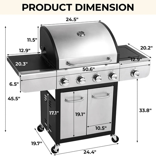 Pirecart 4 Burner Propane Gas Grill Stainless Steel BBQ Grill with 12,000 BTU Side Burner for Outdoor Cooking Kitchen and Patio Backyard Barbecue