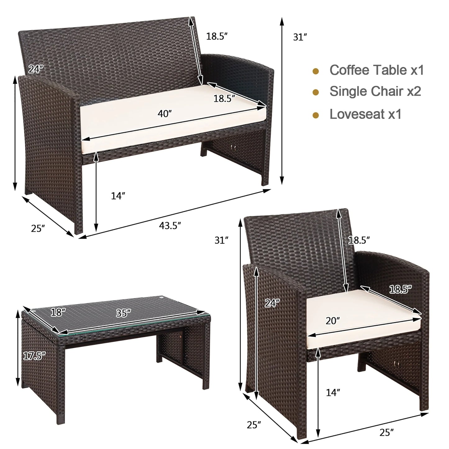 Costway 4PCS Patio Rattan Furniture Set Cushioned Chair Sofa Coffee Table White Modern Outdoor Furniture Set For Four