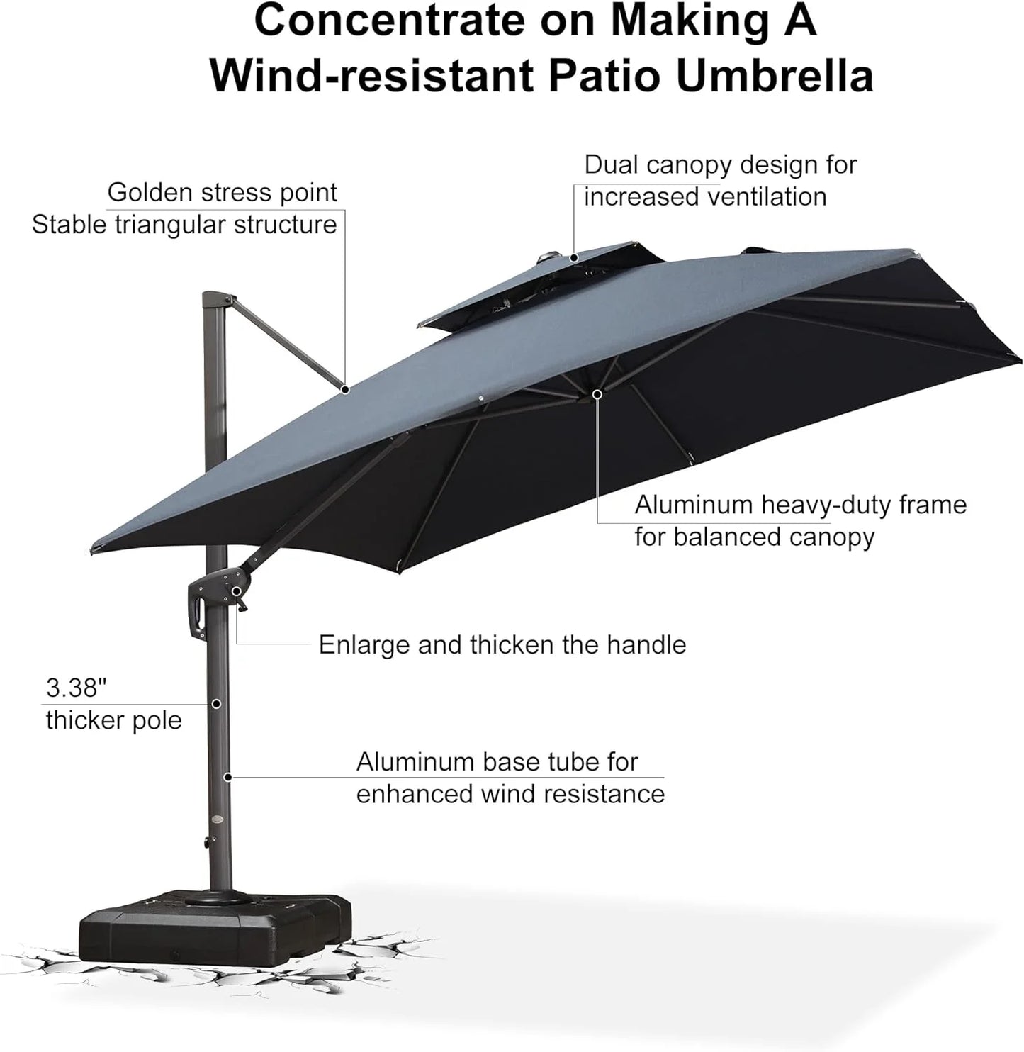 PURPLE LEAF Outdoor Cantilever Umbrella 10' X 13' Rectangle Umbrella Large Patio Umbrella Windproof Heavy Duty Hanging Offset Umbrella for Garden Outdoor Pool, Dark Grey
