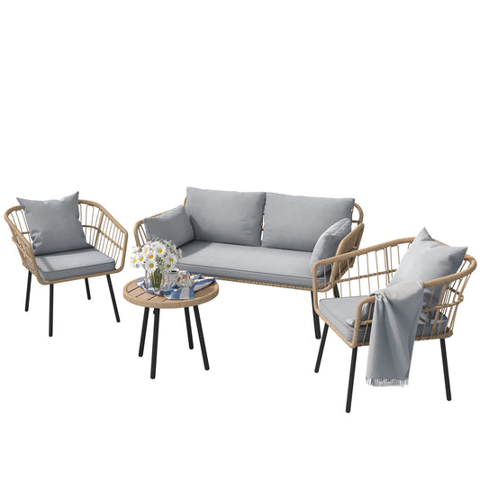 Dextrus 4-Piece Patio Furniture Wicker Outdoor Bistro Set, All-Weather Rattan Conversation Loveseat Chairs for Backyard, Balcony and Deck with Soft Cushions and Coffee Table - Gray