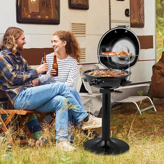 1600W Electric Grill Outdoor, 15-Serving Freestanding Camping Grill with Warming Rack, Removable Oil Drip Tray, Adjustable Temperature Control, Portable BBQ Grill for Patio, Backyard (Black)