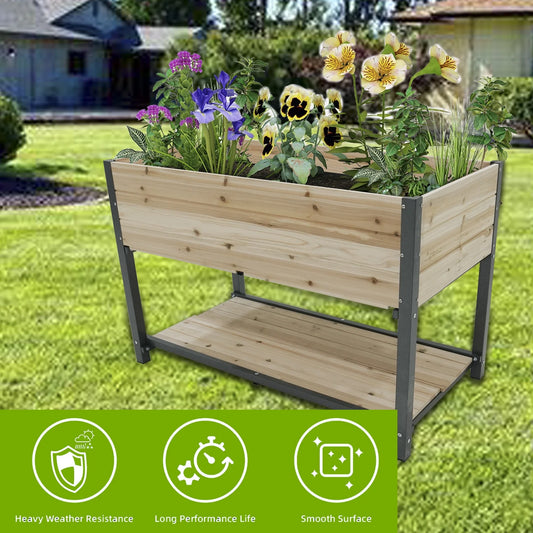 Durable Raised Garden Bed with Iron Frame and Solid Wood Panels, Elevated Planter Box for Patio, Balcony, Outdoor Gardening