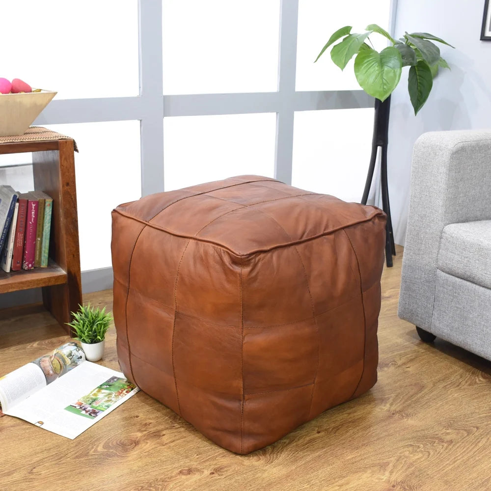 HANDMADE ECO-FRIENDLY ROUND SHAPED STUFFED LEATHER BLACK POUF - 14" x 14" x 14", Round Shape, Black Color, , Seating Pouf For Living Room, Study Room, Patio & Office