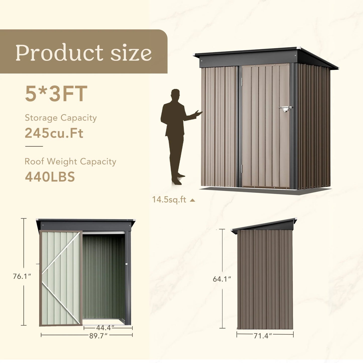 Vineego Metal Outdoor Storage Shed 5FT x 3FT, Steel Utility Tool Shed Storage House with Door & Lock, for Backyard Outdoor Patio,Brown