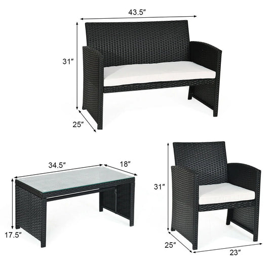 Costway 4PCS Patio Rattan Wicker Furniture Conversation Set Cushioned Sofa Table