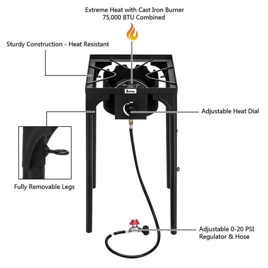 Outdoor Camp Stove High Pressure Propane Gas Cooker Portable Cast Iron Patio Cooking Single Burner