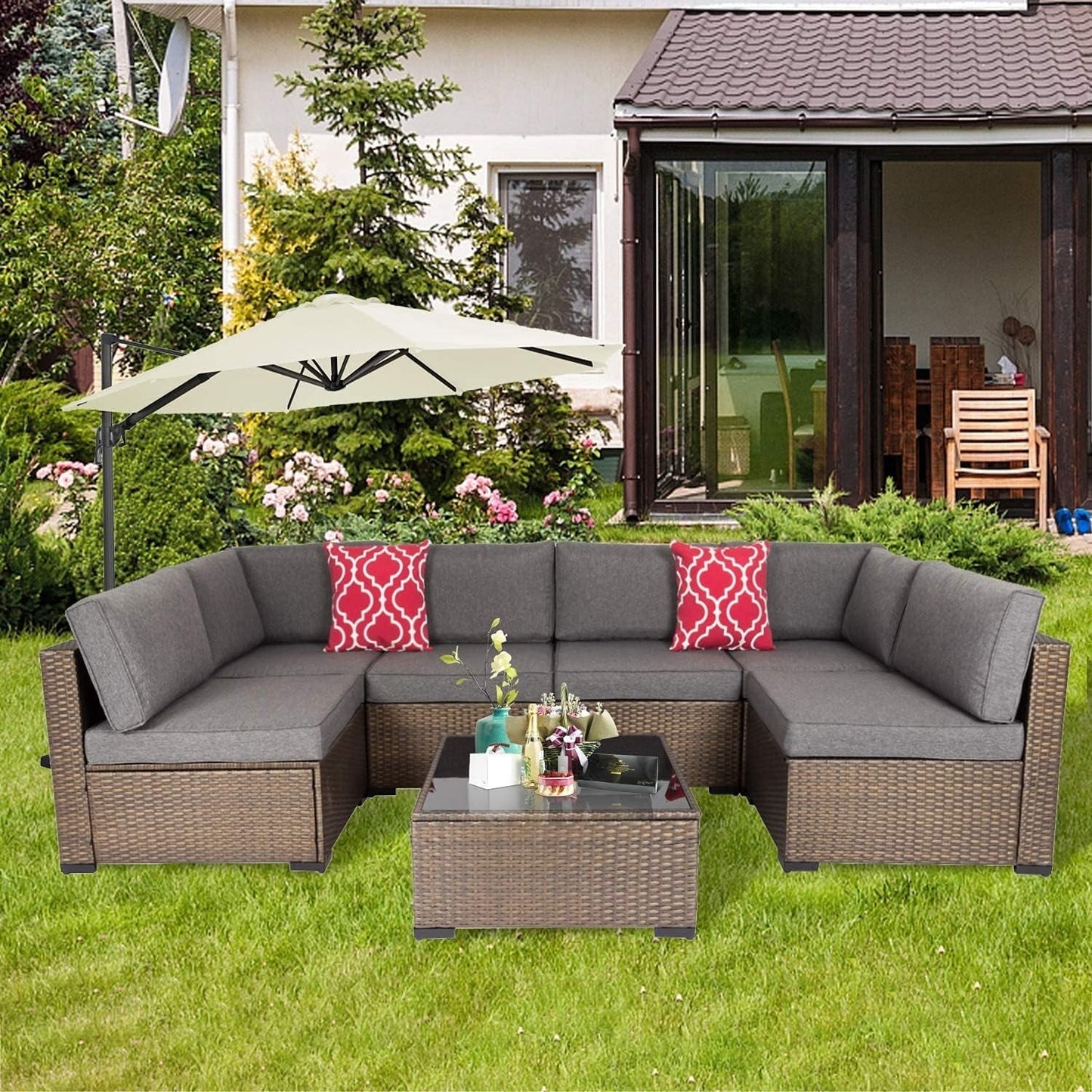 Kinbor 7pcs Outdoor Patio Furniture Set for 6 Sectional Pe Wicker Rattan Sofa Set Gray