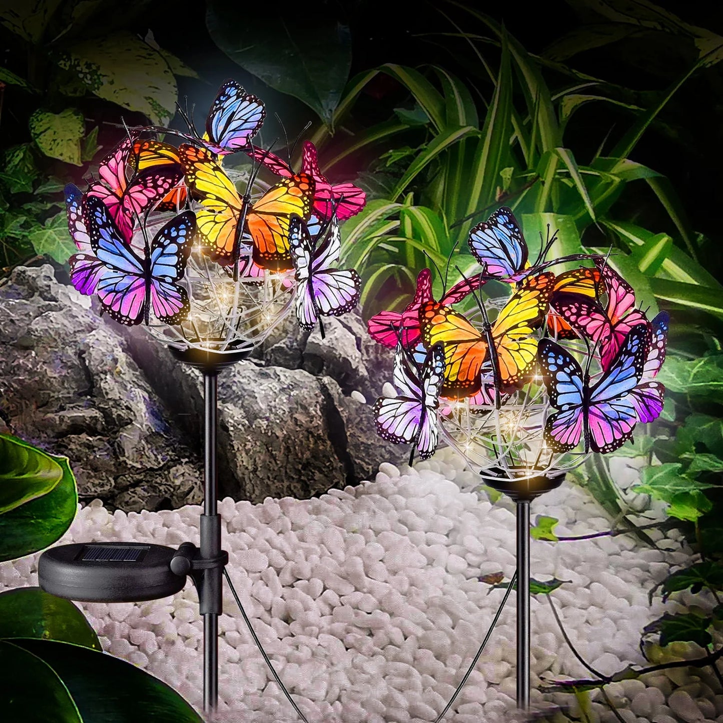 Rirool Decorative Solar Garden Lights Outside, 2 Pack Waterproof Solar Stake Lamp with Solar Panel, Multicolored Butterfly Ball Landscape Lights for Yard Patio Lawn Party Decor