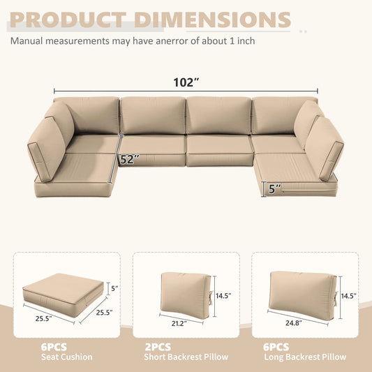 Snubbull 6-Seat Sectional Outdoor Patio Replacement Cushions Set, 25.5" x 25.5", 5" Foam High-Density, 14-Piece Water-Resistant Outdoor Cushion for Patio Conversation Sets, Liner& Cover, Sand