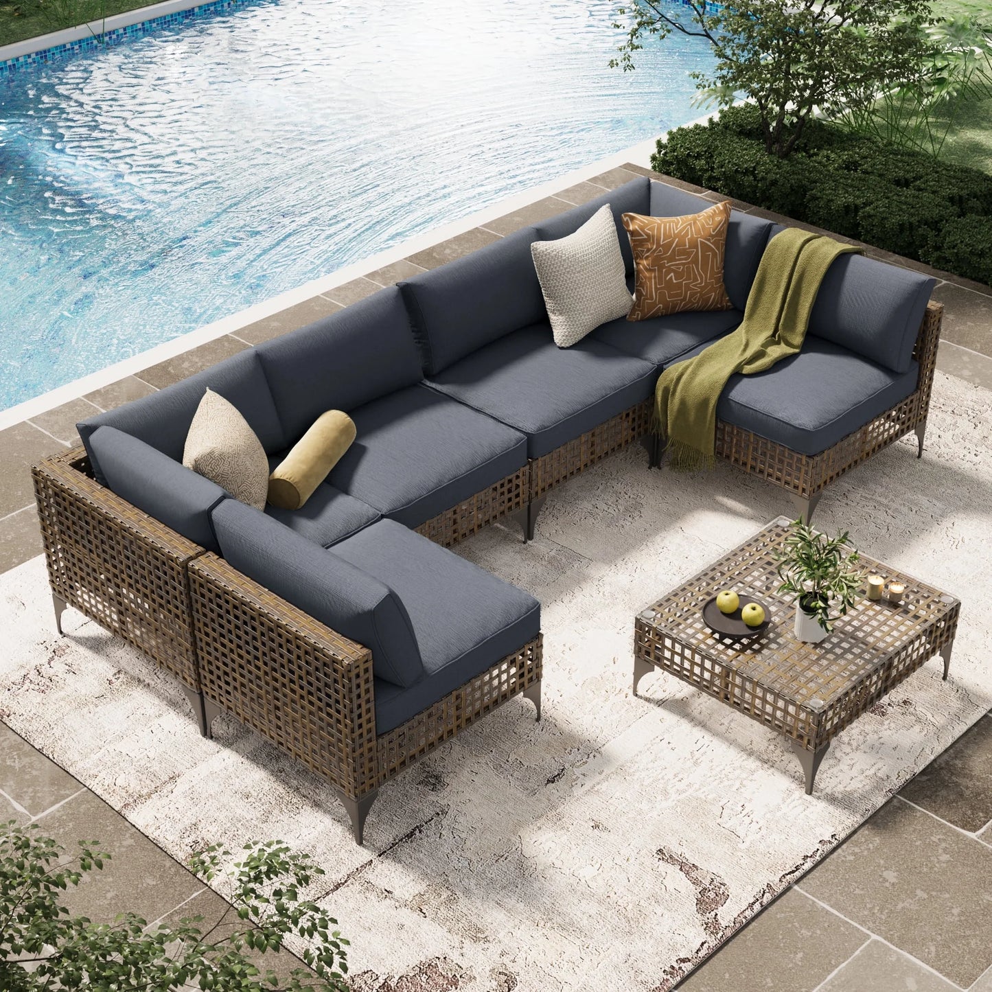 YODOLLA 7-Piece Patio Furniture Set with Tea Table, Rattan Wicker Outdoor Sectional Furniture Sofa Conversation Set, Dark Brown Rattan& Dark Grey Cushions