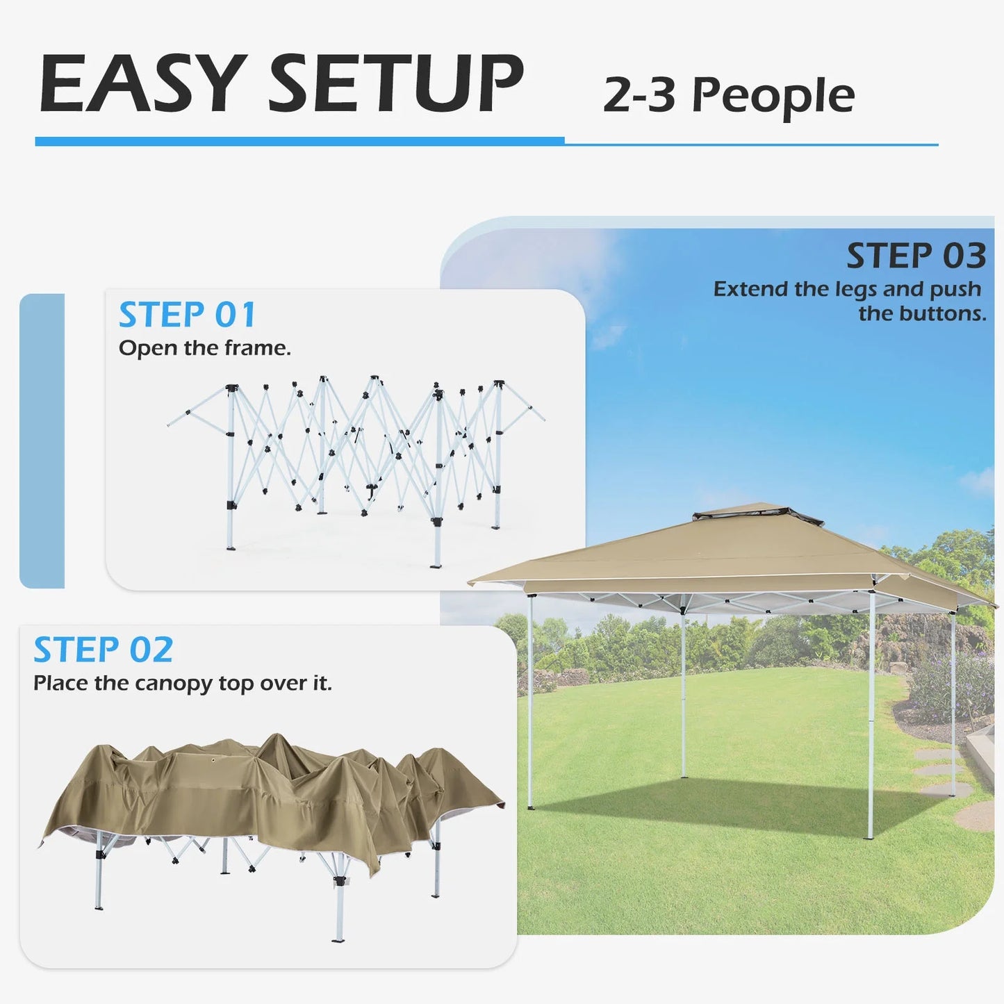 AVAWING 12x12 ft Outdoor Pop-up Canopy Party Tent Easy Setup Patio Wedding Tent, Khaki