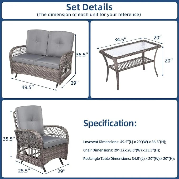 SOCIALCOMFY 4-Piece Wicker Patio Furniture Sets Outdoor All-Weather Rattan Conversation Set Includes Glider Loveseat, Glass-Top Coffee Table, 2 Glider Rocker Chairs with Thickened Cushions
