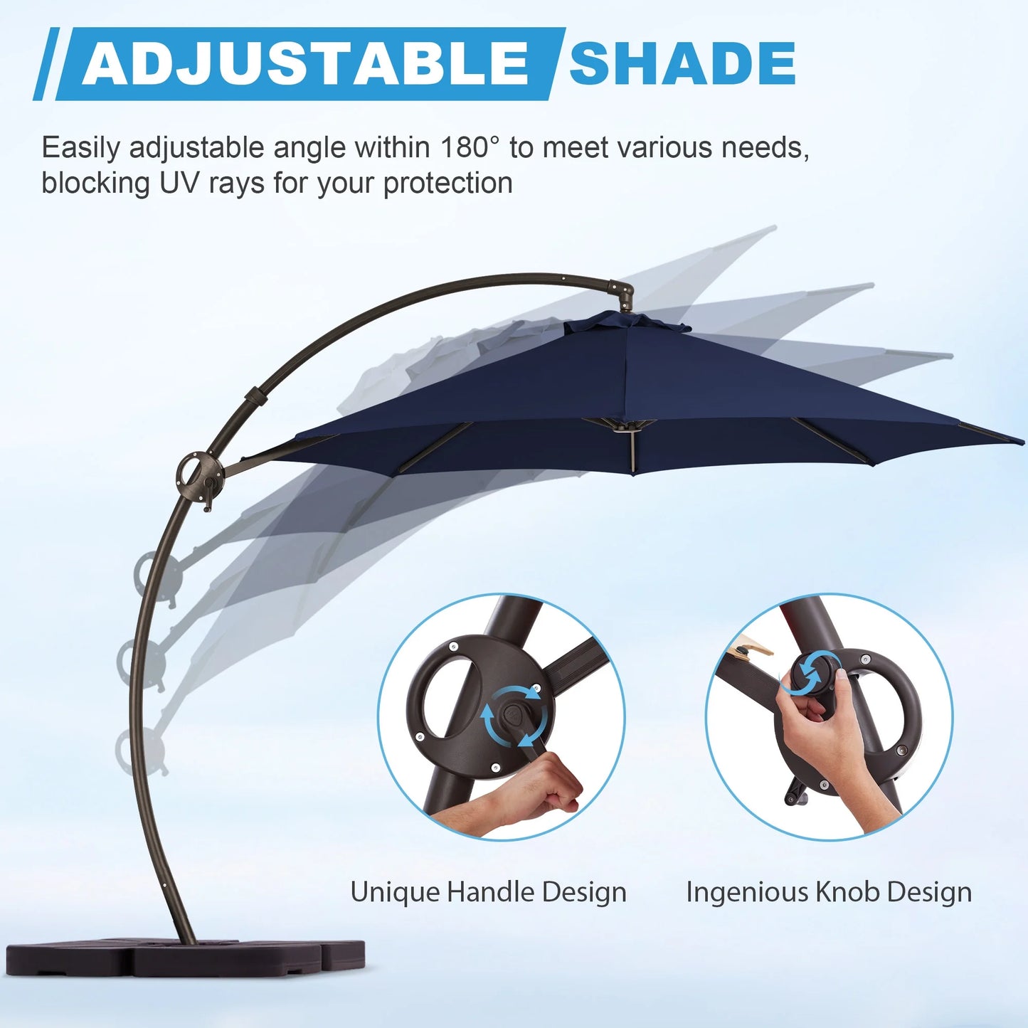 JUSTLET 10FT Arched-Pole Cantilever Hanging Patio Umbrella with baseNavy Blue