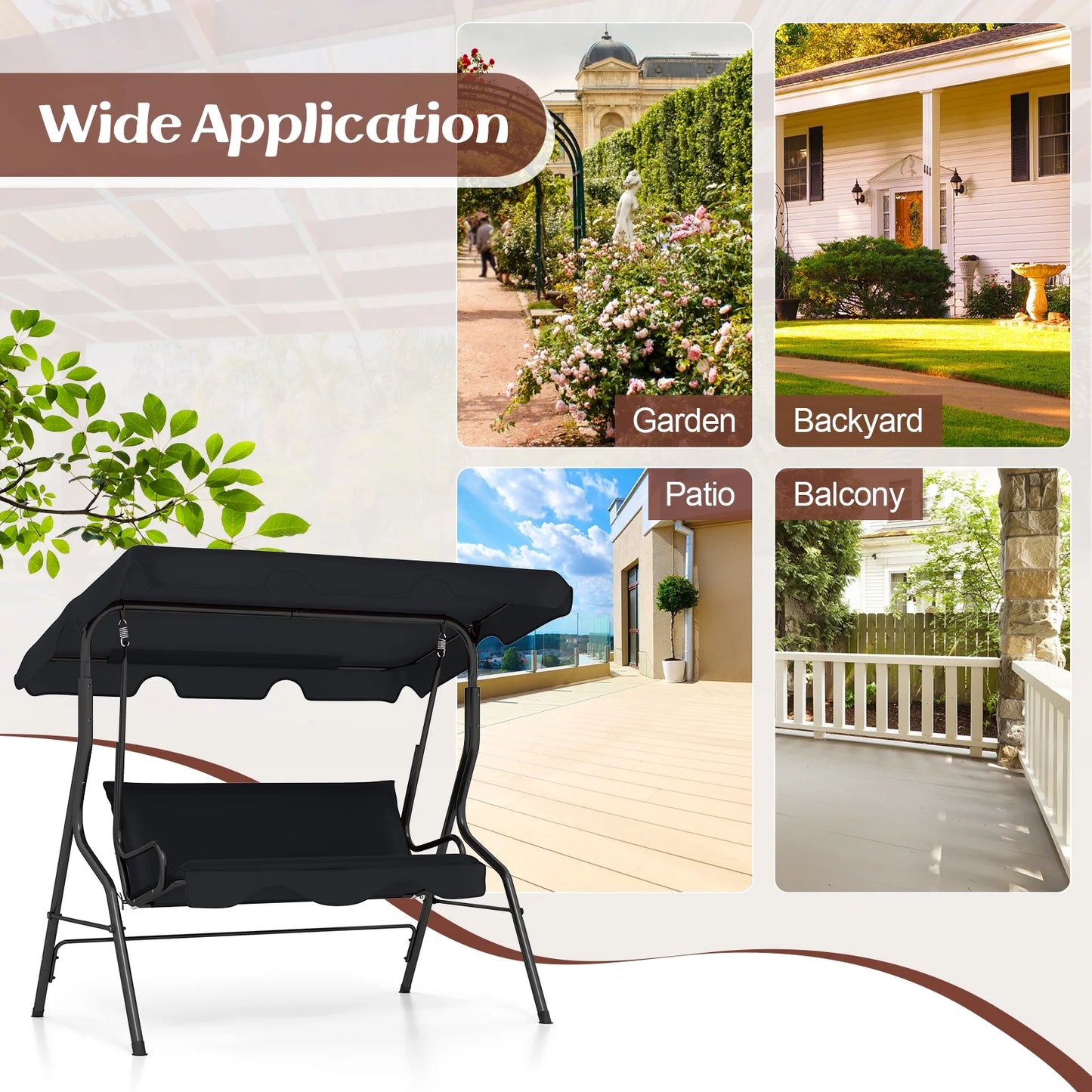 Costway Patio 3 Seats Canopy Porch Swing Glider Hammock Cushioned Steel Frame Outdoor Black