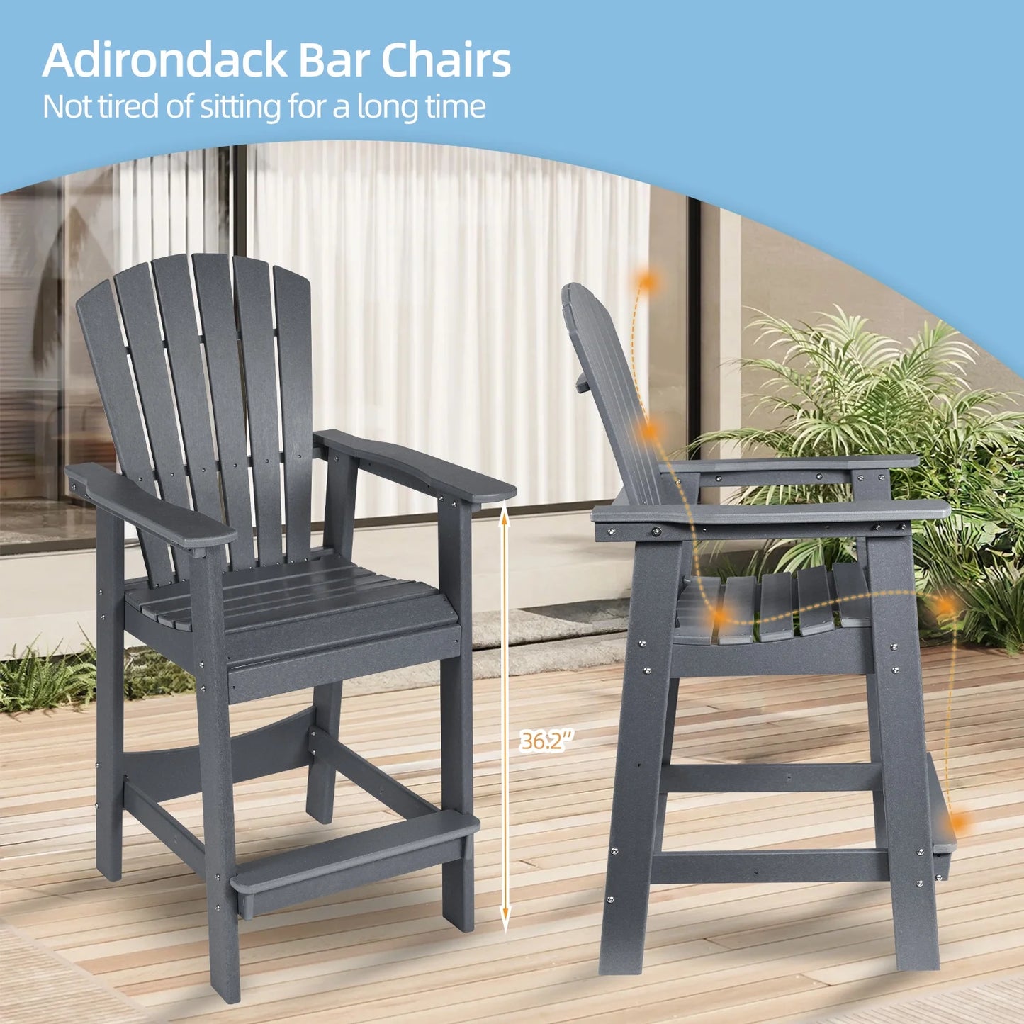 Aoodor Tall Adirondack Chairs Set of 2, HDPE Outdoor Bar Stools with Connecting Tray, Patio Furniture for Backyard, Garden, or Balcony (Gray)