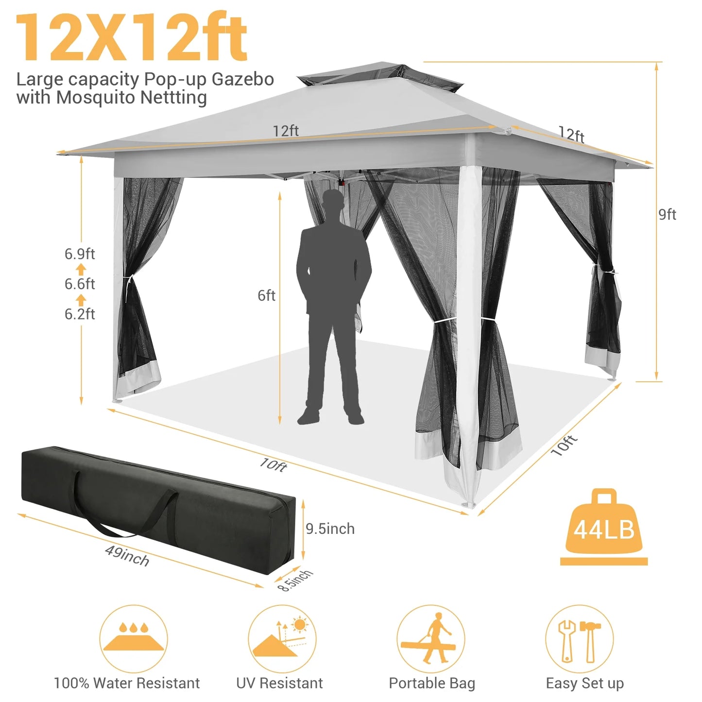 SANOPY 12x12FT Patio Gazebo Outdoor Pop up Gazebo with Mosquito Net& Four Sandbags Outdoor Party Instant Shelter Portable Folding Gazebo Waterproof and UV Protection Gazebo Tent for Backyard