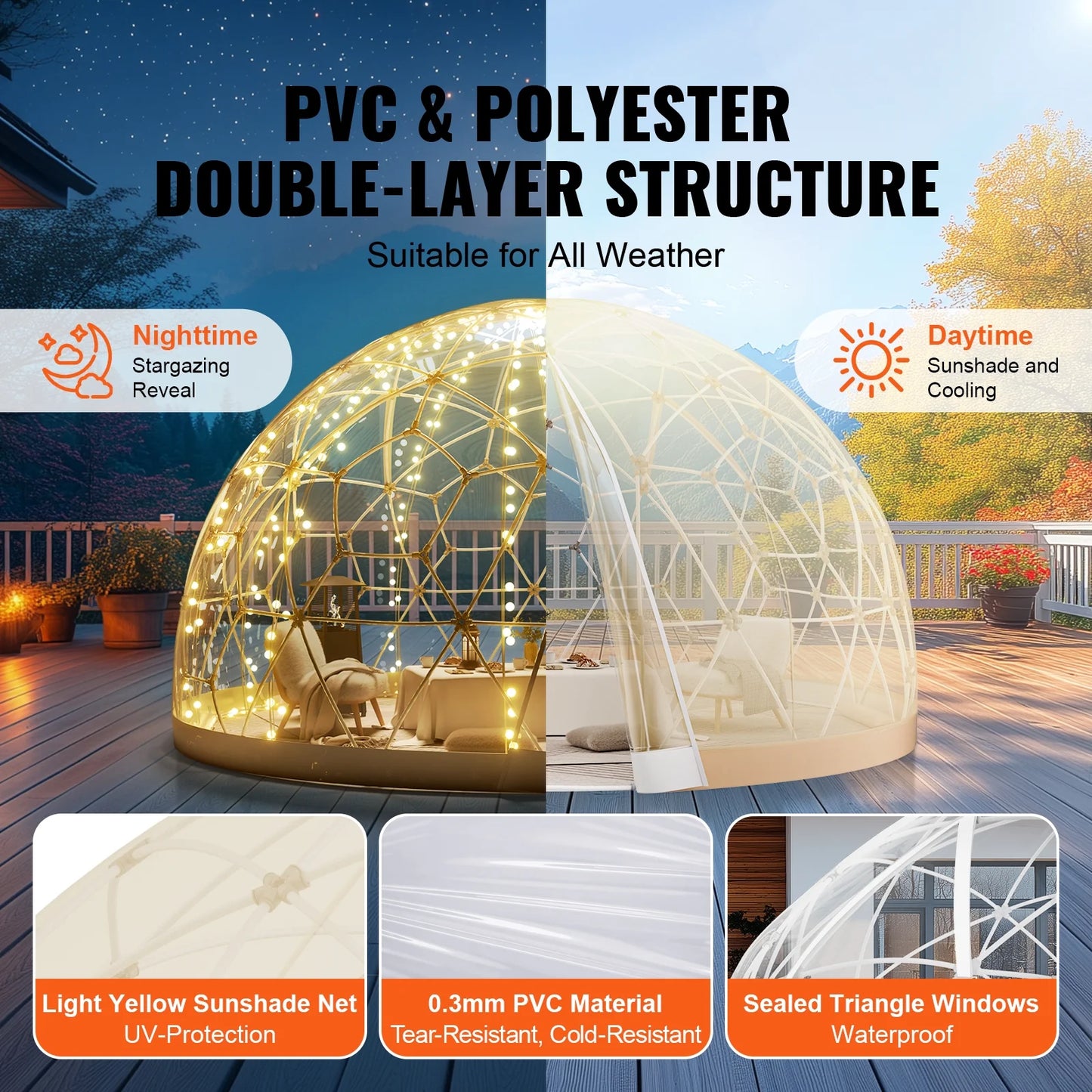 KFFKFF Dome Bubble Tent, 9.5FT Dual Cover (Clear & Light Yellow), Outdoor Spherical Shelter, Enhanced Garden Igloo, Weatherproof Pod for Camping, Patio, Outdoor Dining, Backyard Gatherings