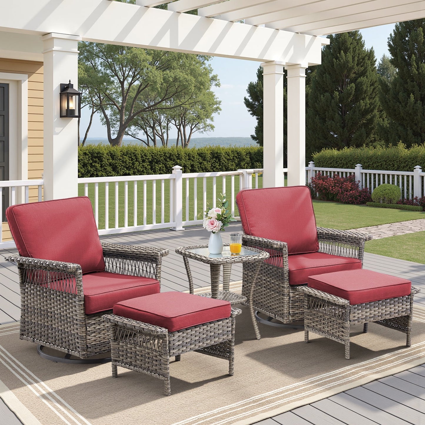 Feishominhoo Outdoor Swivel Rocker Patio Chairs,Gray Wicker Rocking Glider Chairs Set of 2 with Ottomans, Side Table and Beige Cushions Outdoor Patio Furniture for Balcony Porch Deck
