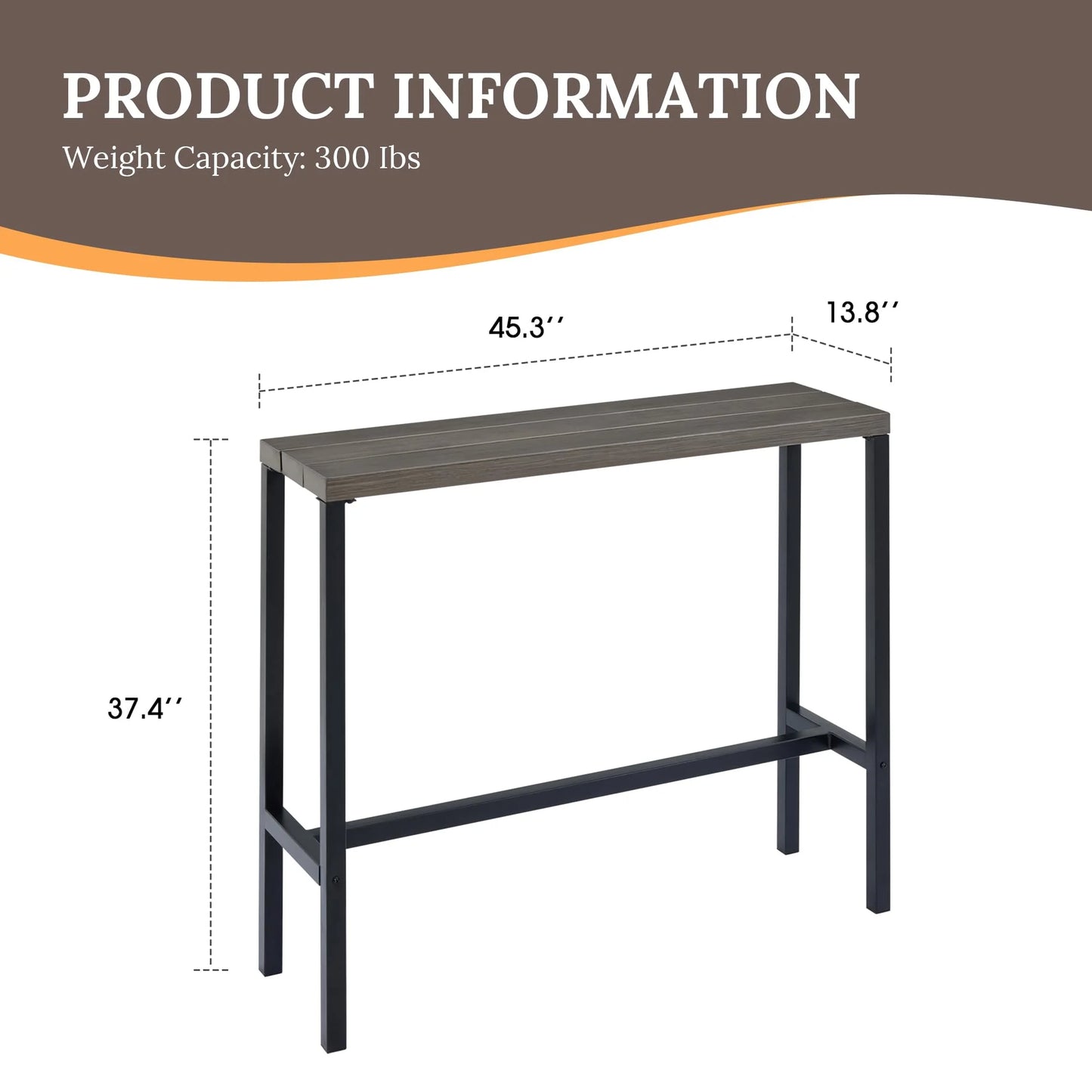 Vicllax Patio Rectangle Bar Table Metal Modern Style for Porch Garden (45.3"Lx13.8"Wx37.4"H)