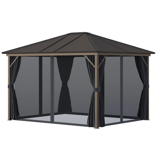 Outsunny 10' x 12' Hardtop Gazebo with Curtains and Netting, Permanent Pavilion Metal Single Roof Gazebo Canopy with Aluminum Frame and Hooks, for Garden, Patio, Backyard, Dark Gray