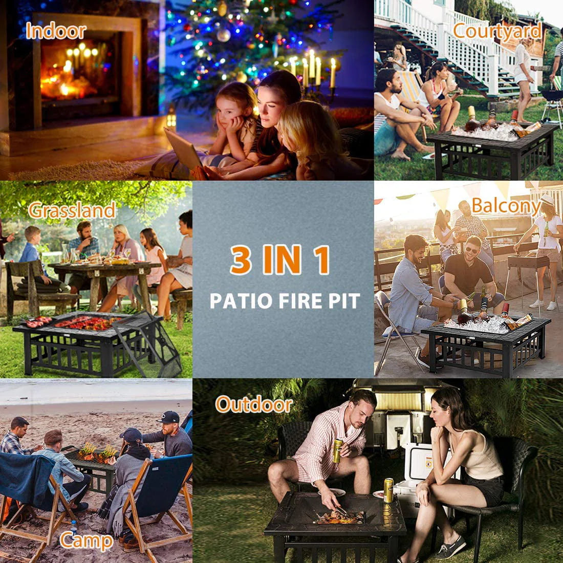 Wood Burning Fire Pits for Outside, 32" Square Iron Fire Pit Backyard Patio Garden Stove Wood Burning Fire Pit w/BBQ Net, Waterprrof Cover, Mesh Screen Lid, Wood Grate, Poker, Durable Fire Pit