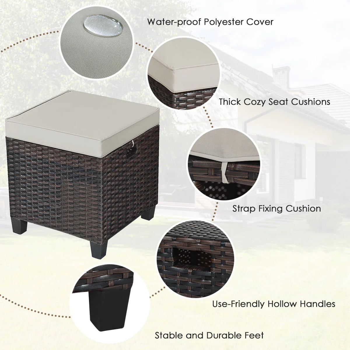Gymax Set of 2 Patio Rattan Ottoman Footrest Garden Outdoor w/Brown Cushion