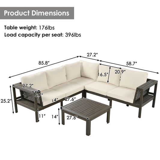 Harper & Bright Designs Patio L-Shaped Conversation Sectional Sofa Set with Coffee Table, Outdoor Acacia Wood Seating Group with Side Table for Backyard Garden, Beige, Grayish Brown