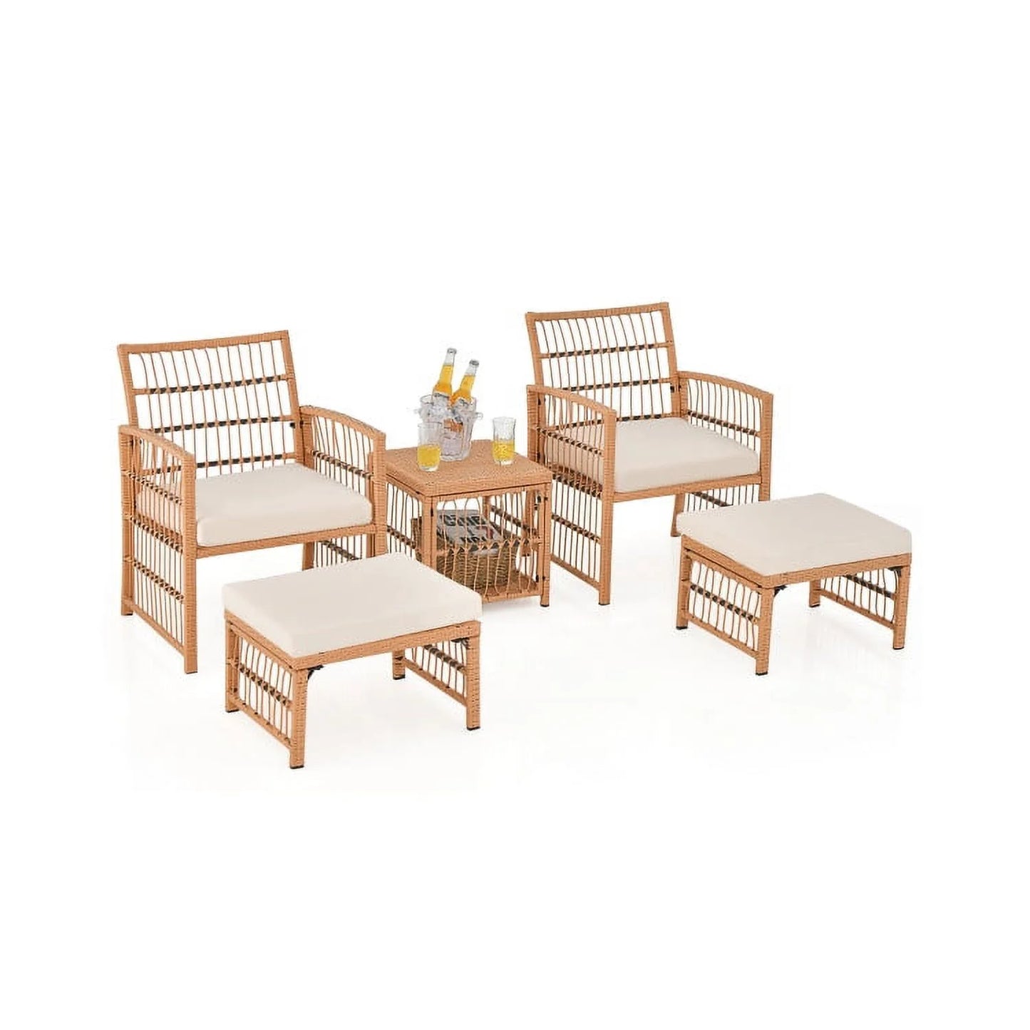 Resenkos 5 Piece Patio Wicker Sofa Set, Small Patio Conversation Furniture Set with Seat and Back Cushions-Natural