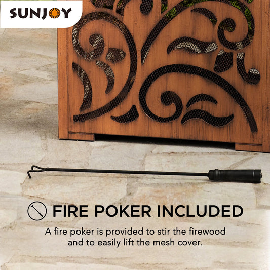 Sunjoy 26 Inch Fire Pit for Outside, Outdoor Wood Burning Firepit with Steel Mesh Spark Screen and Fire Poker, Large Bonfire for Patio and Backyard