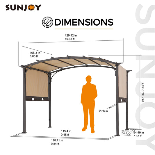 Sunjoy Lindt 9.5 x 11 ft. Outdoor Steel Arched Pergola with Adjustable Canopy for Patio, Backyard, and Garden, Tan & Brown