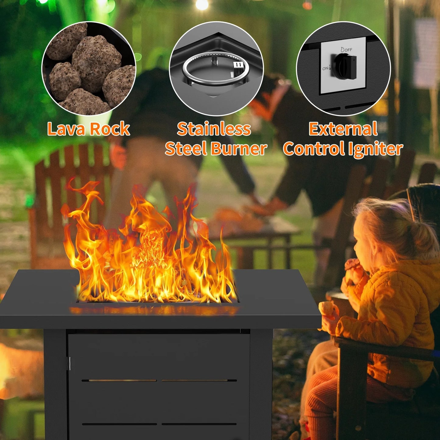 DOMQGA 28" Propane Fire Pit Table, 2-in-1 Square 50,000 BTU Propane Gas Fire Pit Table with Lid and Lava Rock,for Outside Patio Yard Party Garden and Lawn