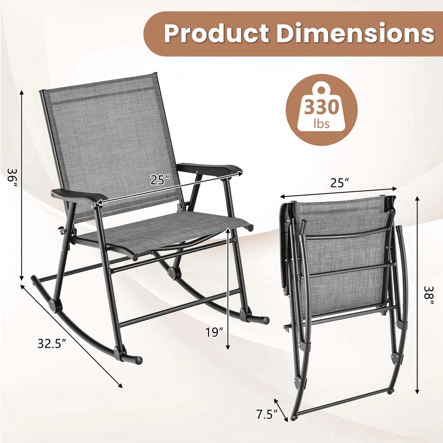 Costway 2pcs Patio Folding Rocking Chair Heavy-Duty Metal Frame Rockers Outdoor Brown