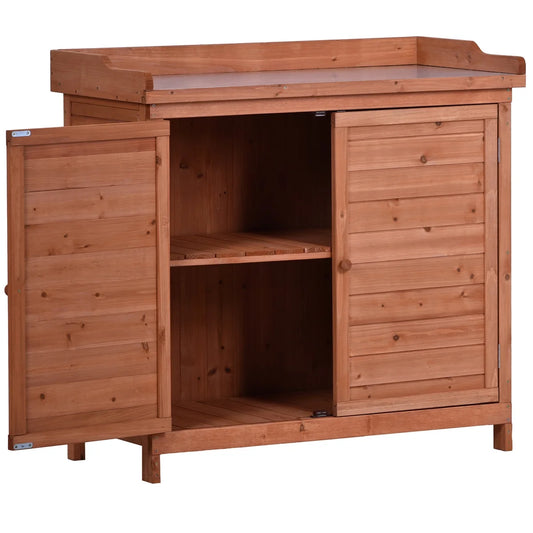 Potting Bench Table, Wooden Patio Workstation Storage Cabinet Garden Shed with 2-Tier Shelves & Side Hook, Outdoor Potting Bench Work Bench for Backyard Courtyards, 39''Lx19.1''Wx37.4''H, Orange