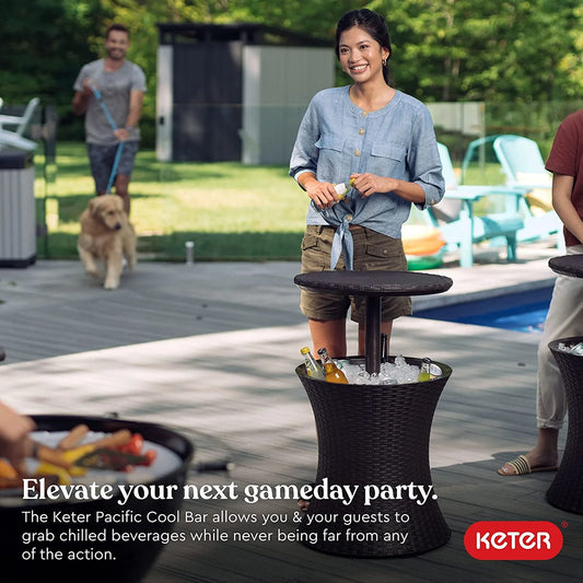 Keter Pacific 7.5 Gallon Cool Bar , Resin Outdoor Patio Beverage Cooler Table, Extra Storage, Rattan Look Brown
