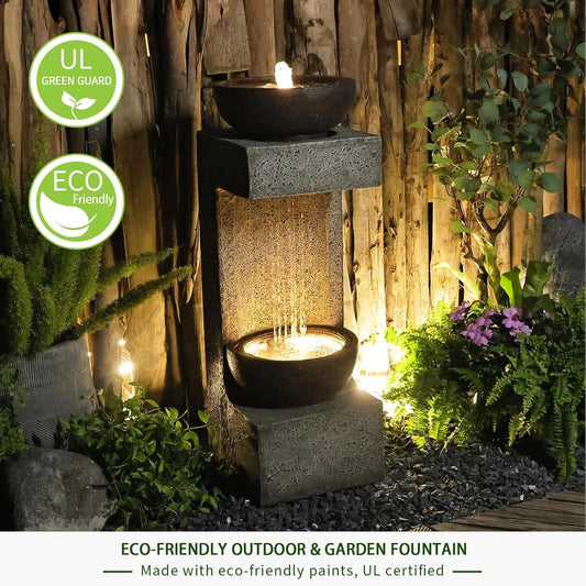 Water Fountain Modern Tiered Outdoor Fountain with Lights and Stone Planter for Garden, Patio, Backyard, Deck, Porch and Home Art Decor