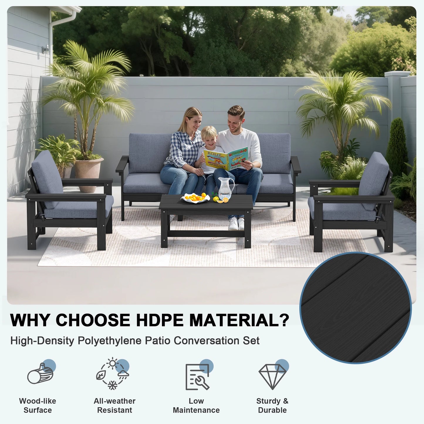 SERWALL Outdoor Patio Furniture Set, 7-Piece HDPE Outdoor Sofa Set Patio Conversation Set, Black Frame with Beige Cushions