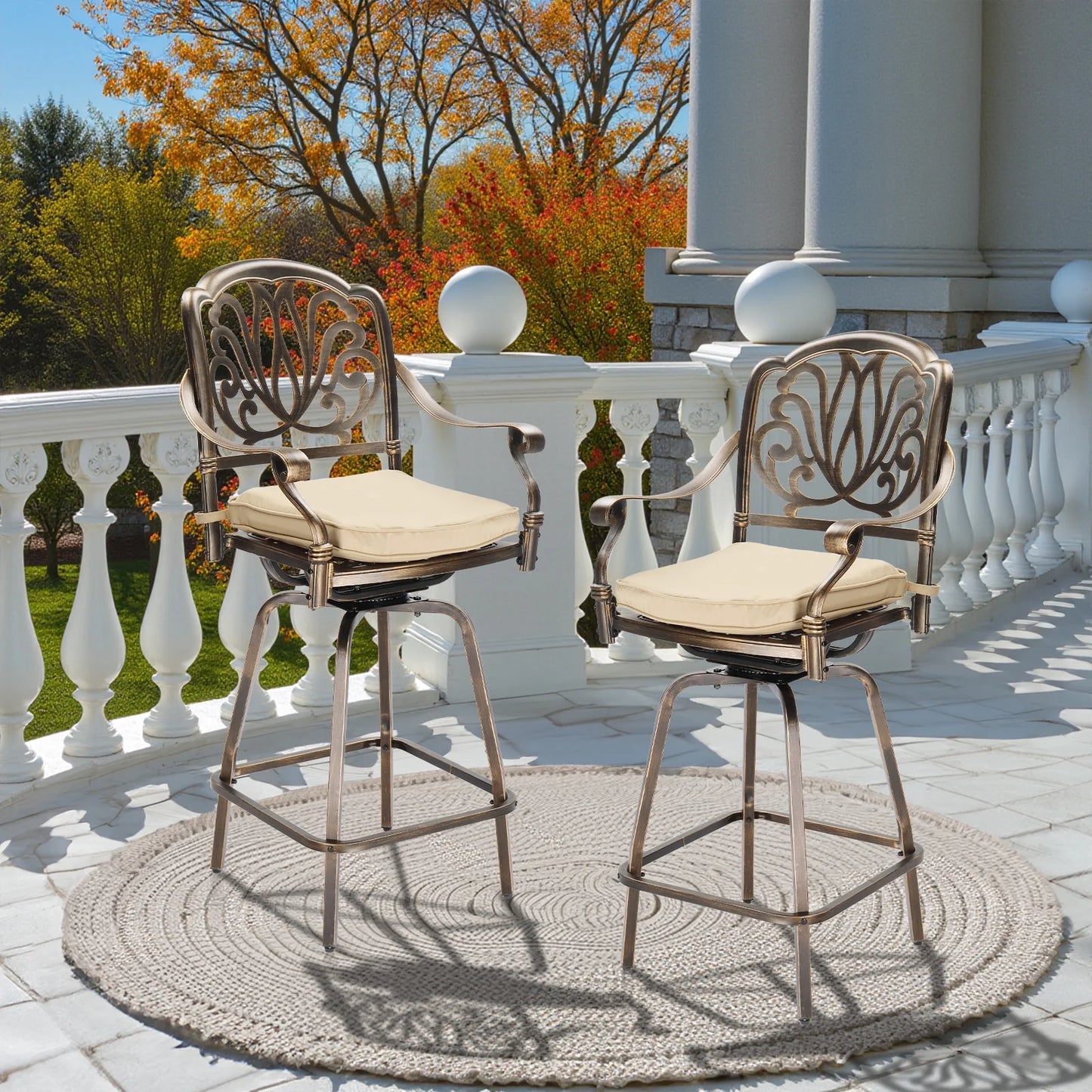 Ktaxon 2Pcs Outdoor Swivel Bar Stools, Weather Resistant Patio Bar Height Chairs, Cast Aluminum Bar Dining Seatings for Pool Deck Balcony (Elizabethan Back)
