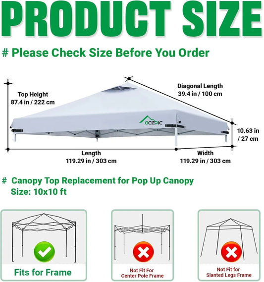 10x10 Canopy Replacement Top with Air Vent, Waterproof Canopy Cover, UV Protection Tent Roof for Outdoor Patio Events, Fits Straight Leg Frames(Only includes the top cloth, not the frame.white)
