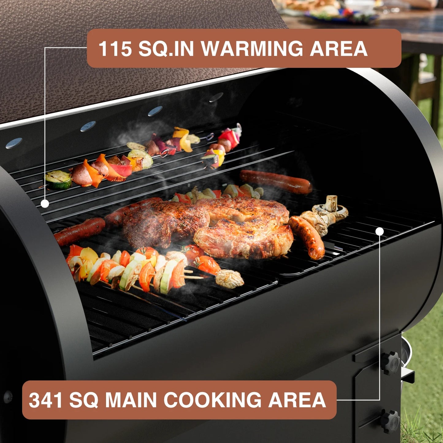 KingChii 456 SQ.IN Pellet Grill Smoker with Side Shelf, 8 IN 1 BBQ Grill with PID Temperature Control for Outdoor Cooking, BBQ Camping and Patio, Brown