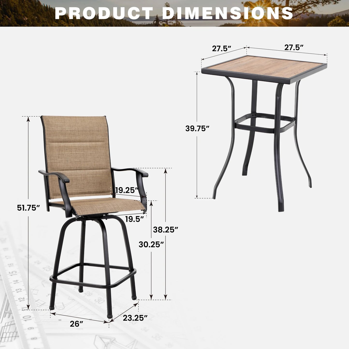 Summit Living 3-Piece Outdoor Patio Bar Stool Bistro Set, 1 Metal Bar Table and 2 Padded Bar Stool, Black & Brown