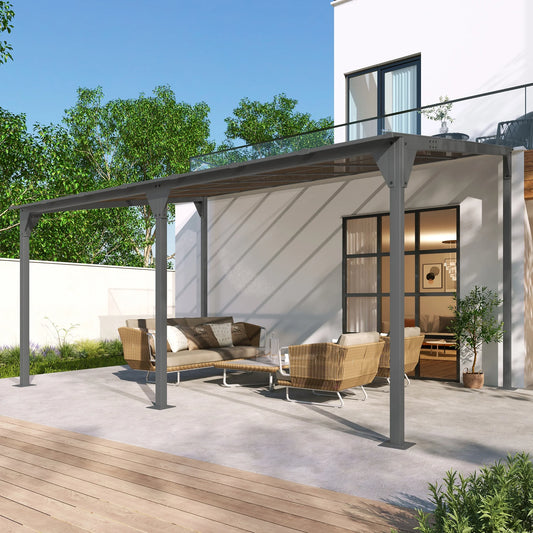 14.76 x 9.22 FT Wall Mounted Gazebo, Patio Pergola Lean to Awning with PC Roof Panels, Outdoor Metal Gazebo with Powder-Coated Iron Frame, Shelter for Deck, Garden, Backyard, Gray