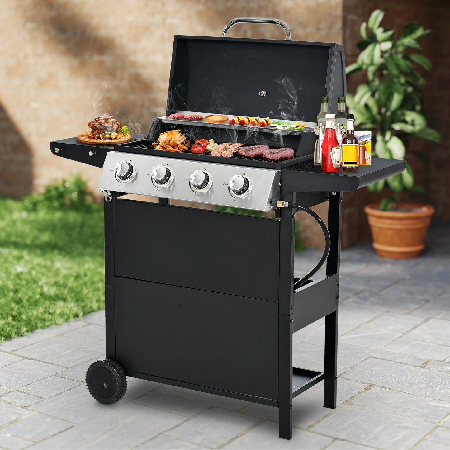 Segmart 3 Burner BBQ Propane Gas Grill, Stainless Steel 30,000 BTU Patio Garden Barbecue Grill with Folding Side Tables, Hanging Basket & Thermometer, Perfect for Camping, Outdoor Cooking