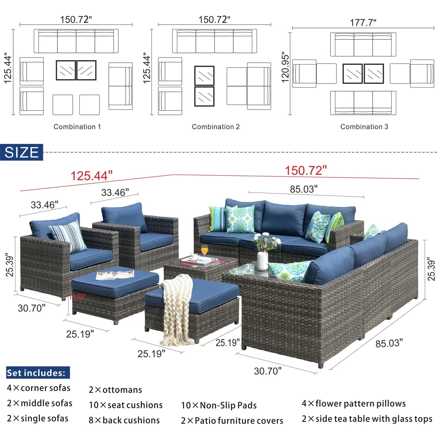 Ovios 12 Pieces Outdoor Patio Furniture Set All-Weather Patio Conversation Set Wicker Outdoor Sofa Aluminum