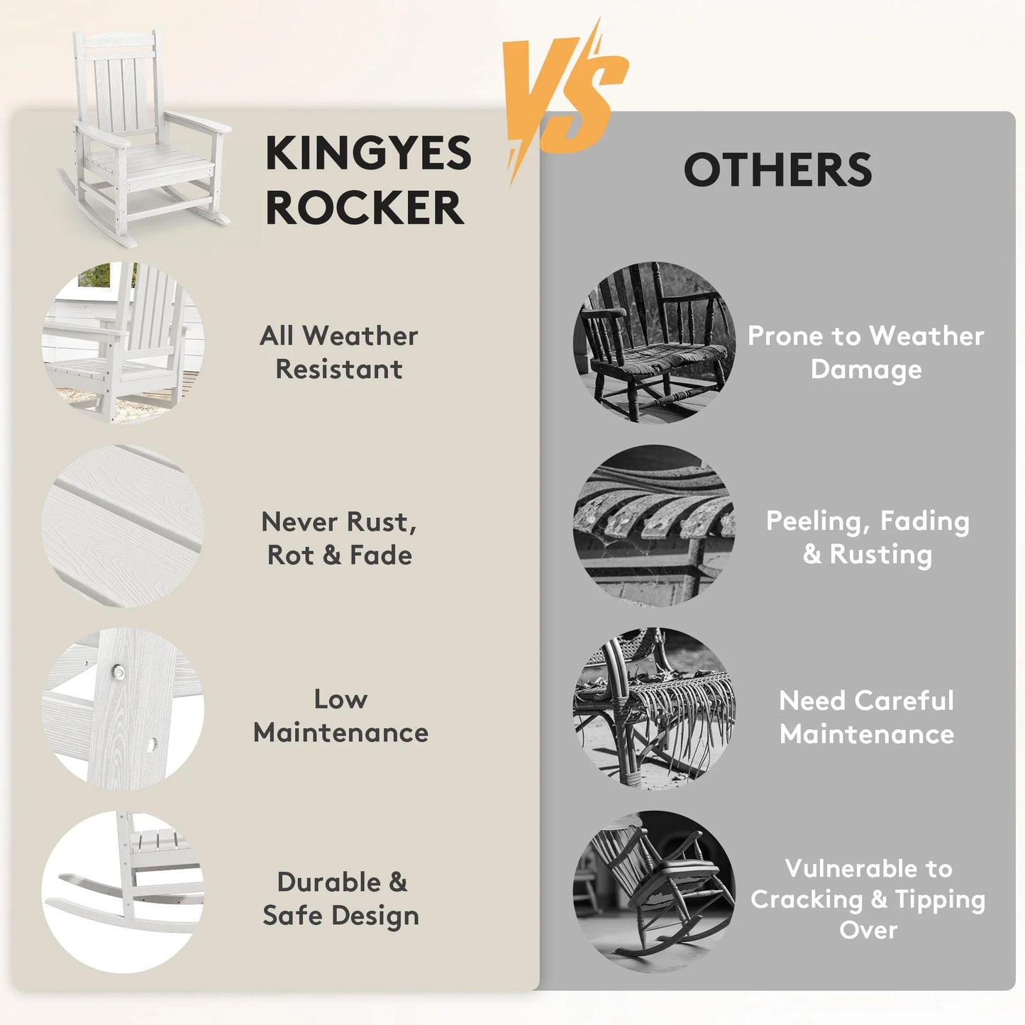 KINGYES HDPE Outdoor Rocking Chairs Set of 2,HDPE Patio Rocker for Porch,Black