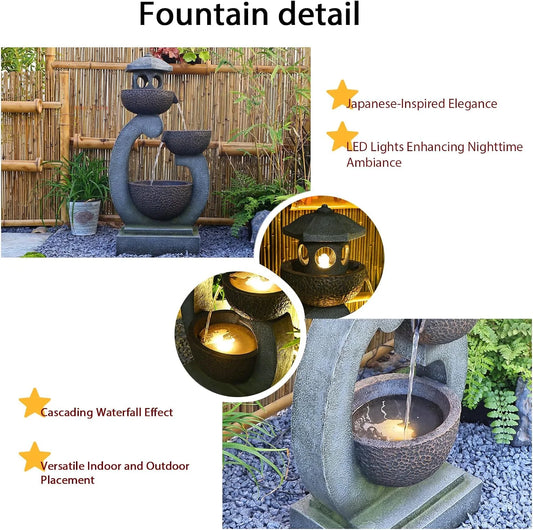 Water Fountain Tranquil Zen Pagoda Waterfalls Fountains Bowl with LED Lights for Patio Yard Porch Pool Decor