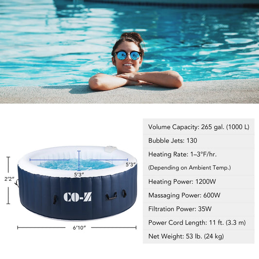 CO-Z 6.8x6.8ft PVC Round Inflatable Spa Tub w 130 Massaging Jets for Patio & More for 4-6 person Blue