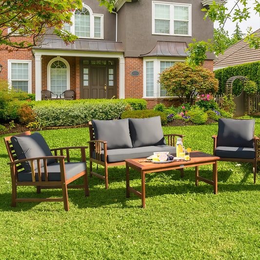4 PCS Wooden Patio Furniture Set Outdoor Seating Chat Set Grey