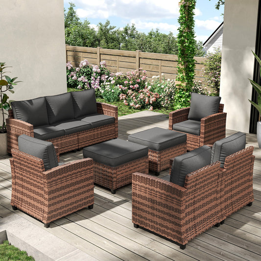 POTEBAN Patio Furniture Set, 7 Pieces Outdoor Sectional Sofa Couch with Chairs, Ottomans and Comfy Cushions, All Weather Wicker Rattan Patio Conversation Set for Garden Backyard Dark Grey