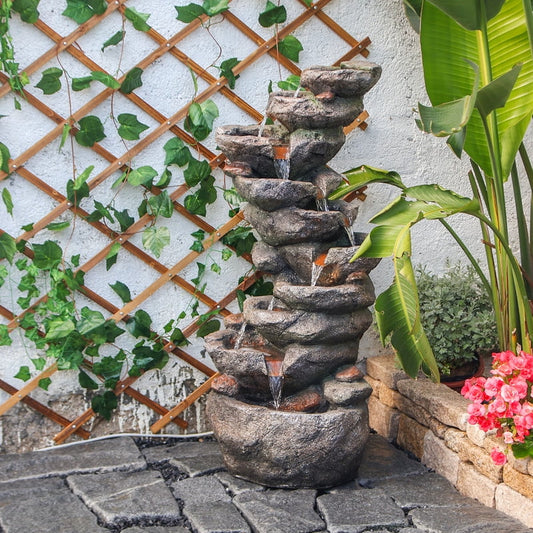 10-Tier Rock Waterfall Fountain - 39.76" Cascading LED Feature for Garden & Patio