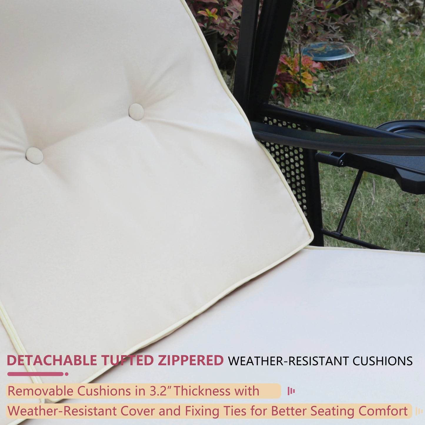 VEIKOUS 3-Seat Porch Swing Glider Outdoor with Adjustable Canopy and Side tables for Patio, Beige